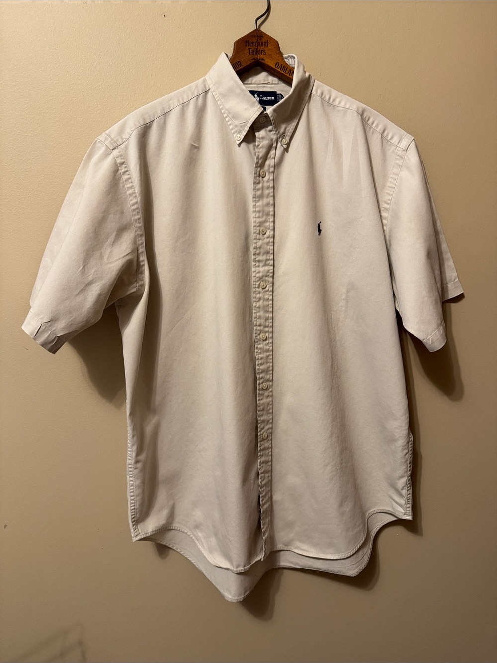 Ralph Lauren Cream Short-Sleeve Button-Down Shirt with Navy Pony Logo